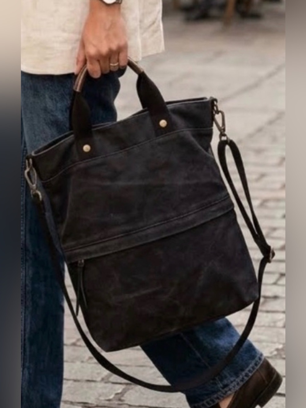 “Feed Projects” Black Convertible Tote with Detachable Strap